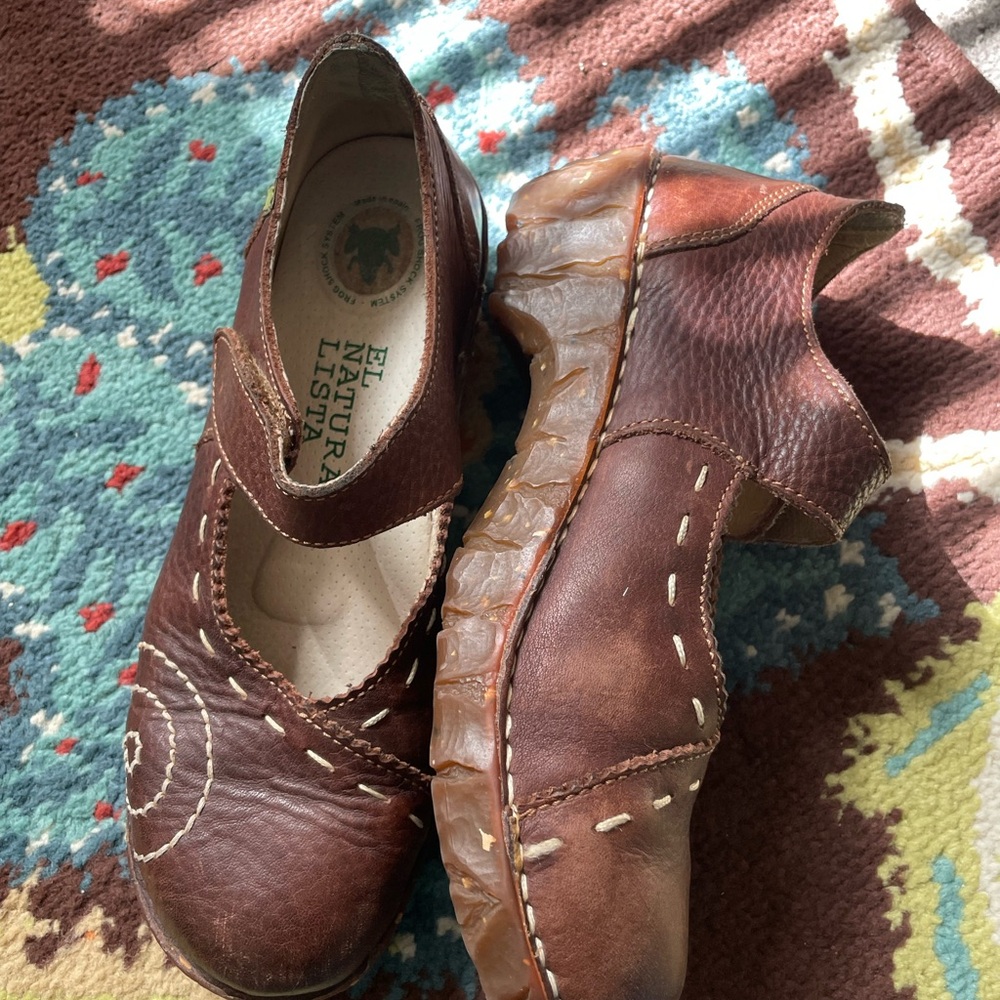 El Naturalista Brown Leather Slip-Ons with Stitch Detail